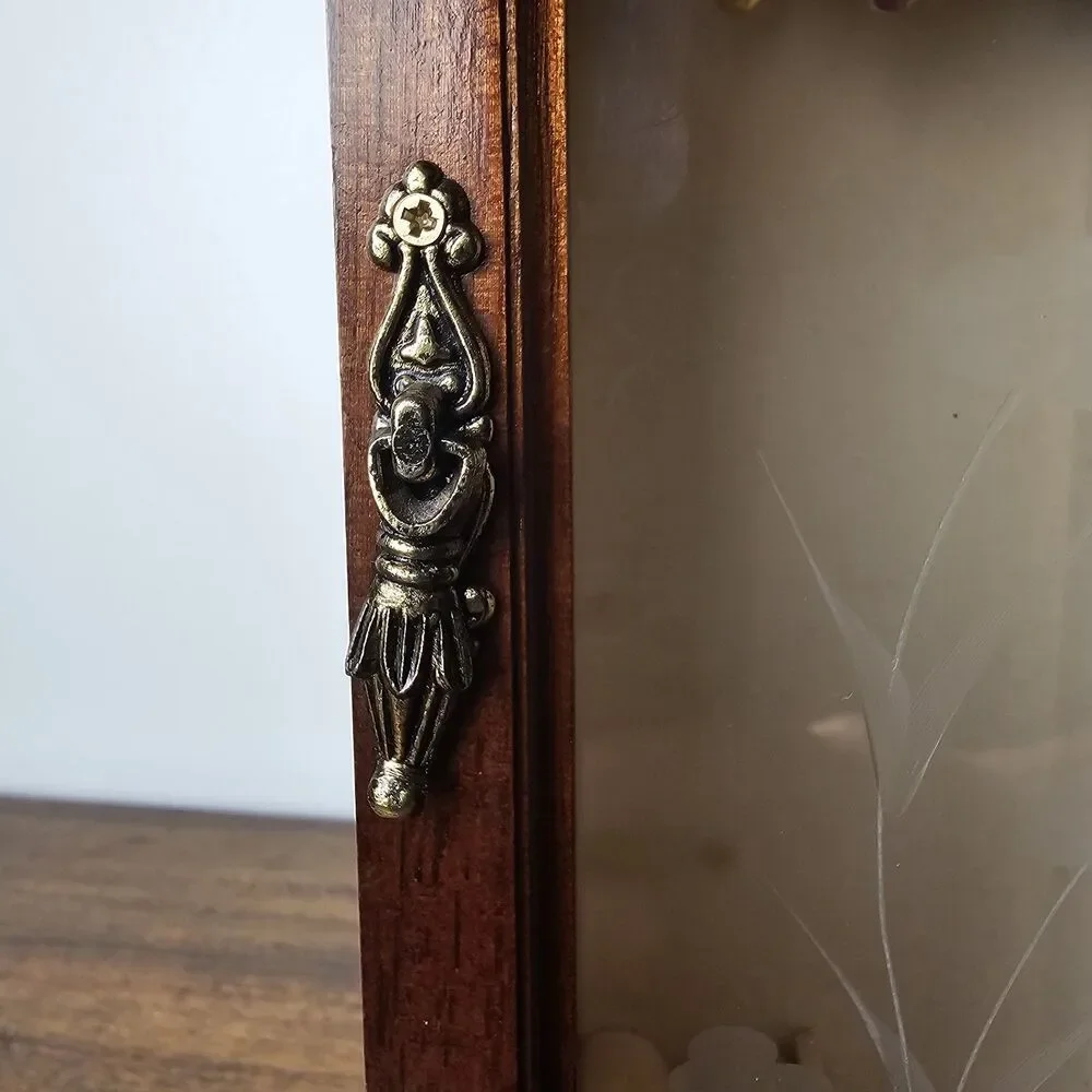 Vintage Wooden Tabletop Jewelry Armoire with Etched Floral Glass Door